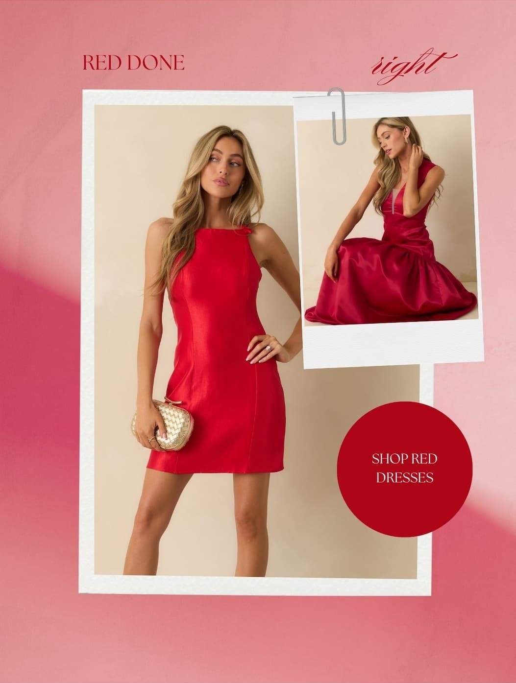 'Red done right.' Image of model wearing red dresses. Button: 'Shop Red Dresses.'