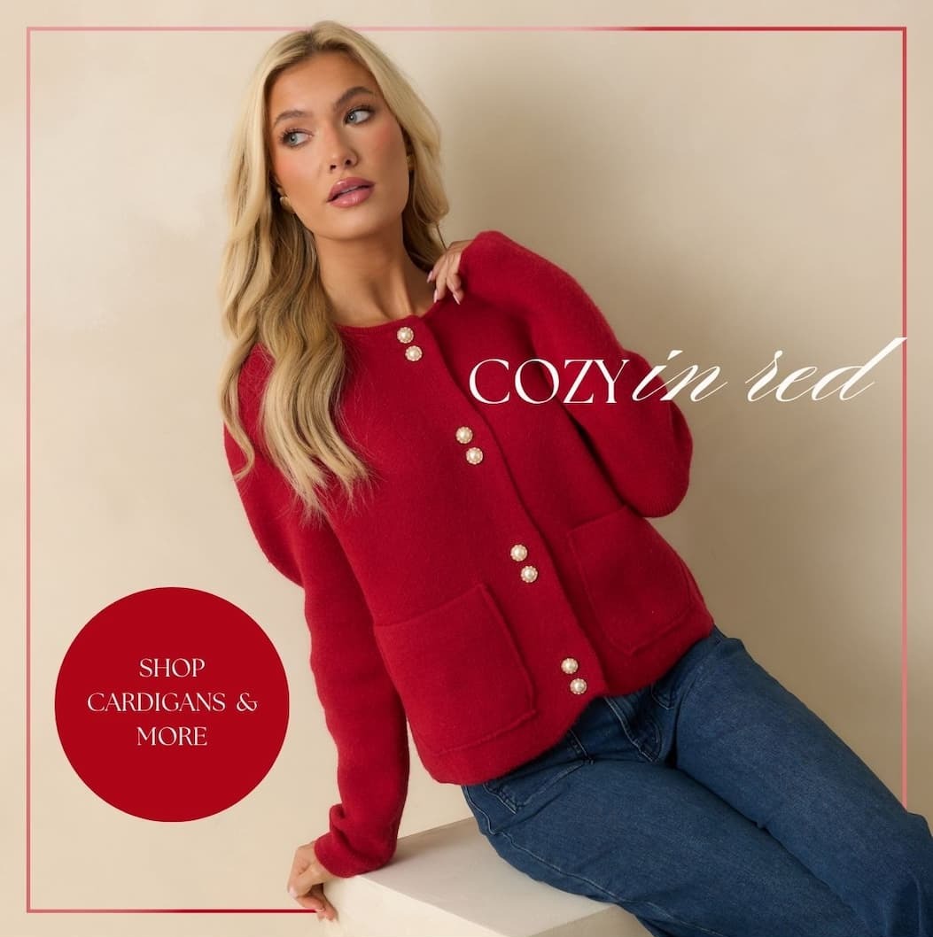 'Cozy in red.' Image of model wearing a red cardigan. Button: 'Shop Cardigans + More.'