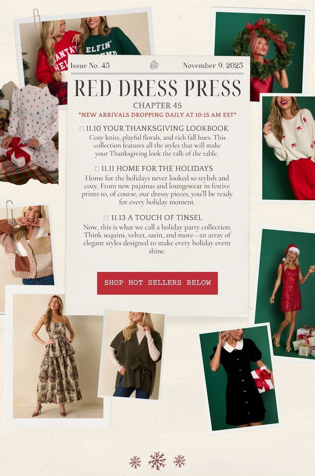 'Red Dress Press. Chapter 45.' Button: 'Shop Hot Sellers Below.'