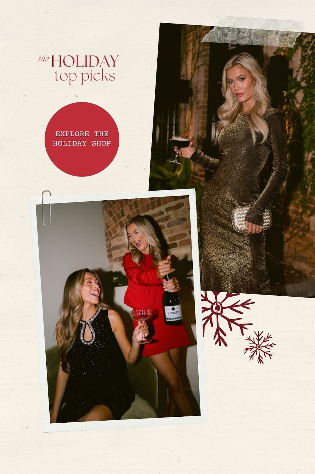 'The holiday top picks.' Button: 'Explore the Holiday Shop.' Collage of models wearing different holiday styles.