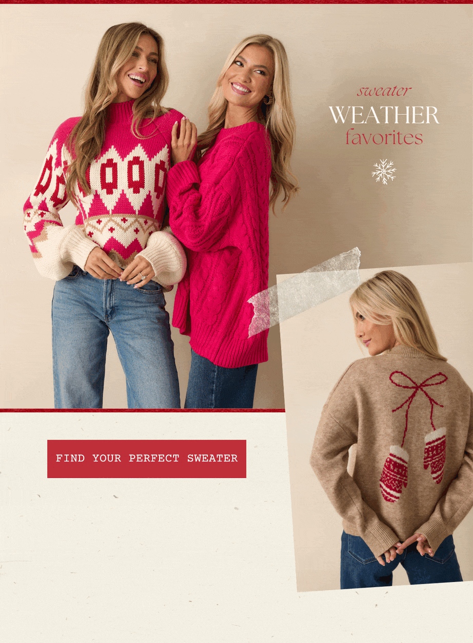 'Sweater weather favorites.' Collage of models wearing different holiday and winter sweaters. Button: 'Find Your Perfect Sweater.'