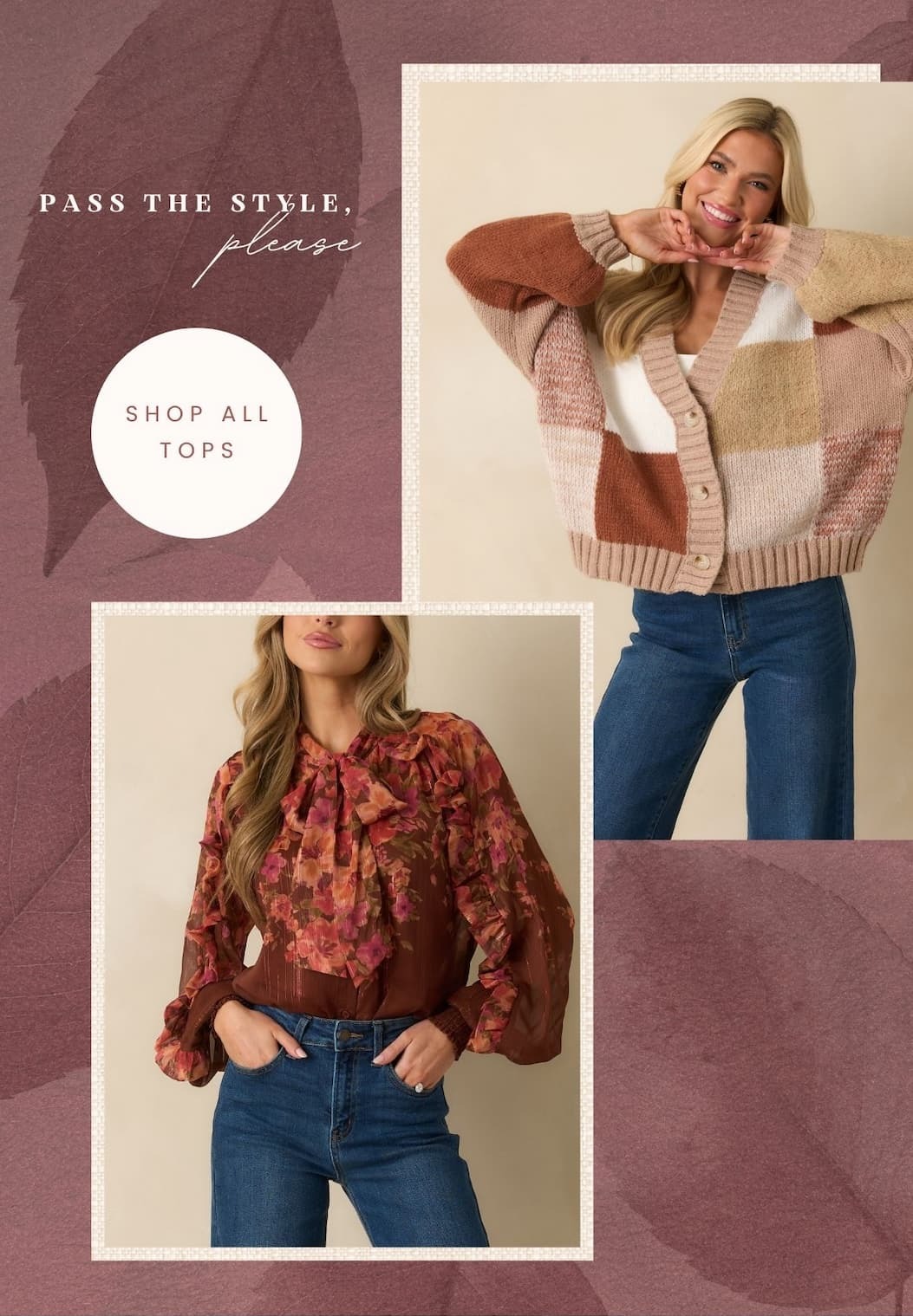 'Pass the style, please.' Button: 'Shop All Tops.' Collage of models wearing different tops.