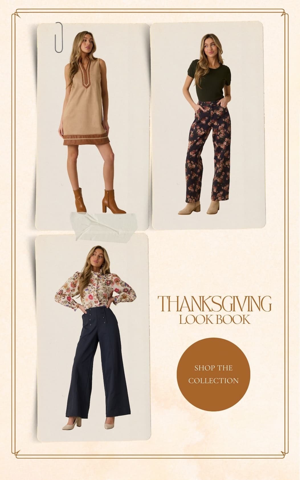 'Thanksgiving Look Book.' Collage of models wearing different fall outfits. Button: 'Shop the Collection.'