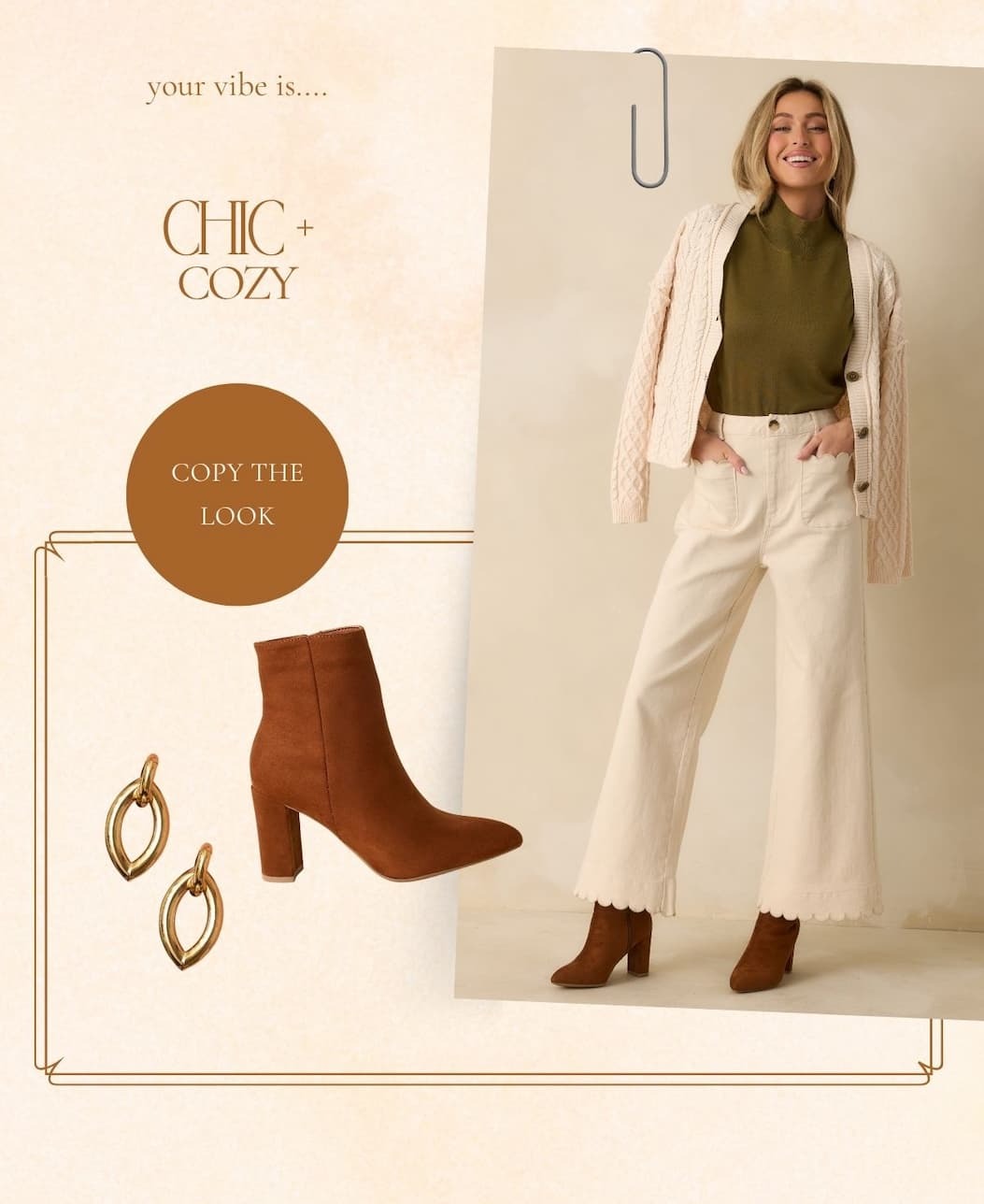 Image of model wearing an olive green cap sleeve mock neck top with an ivory cable knit cardigan, and ivory jeans. Button: 'Copy the Look.'