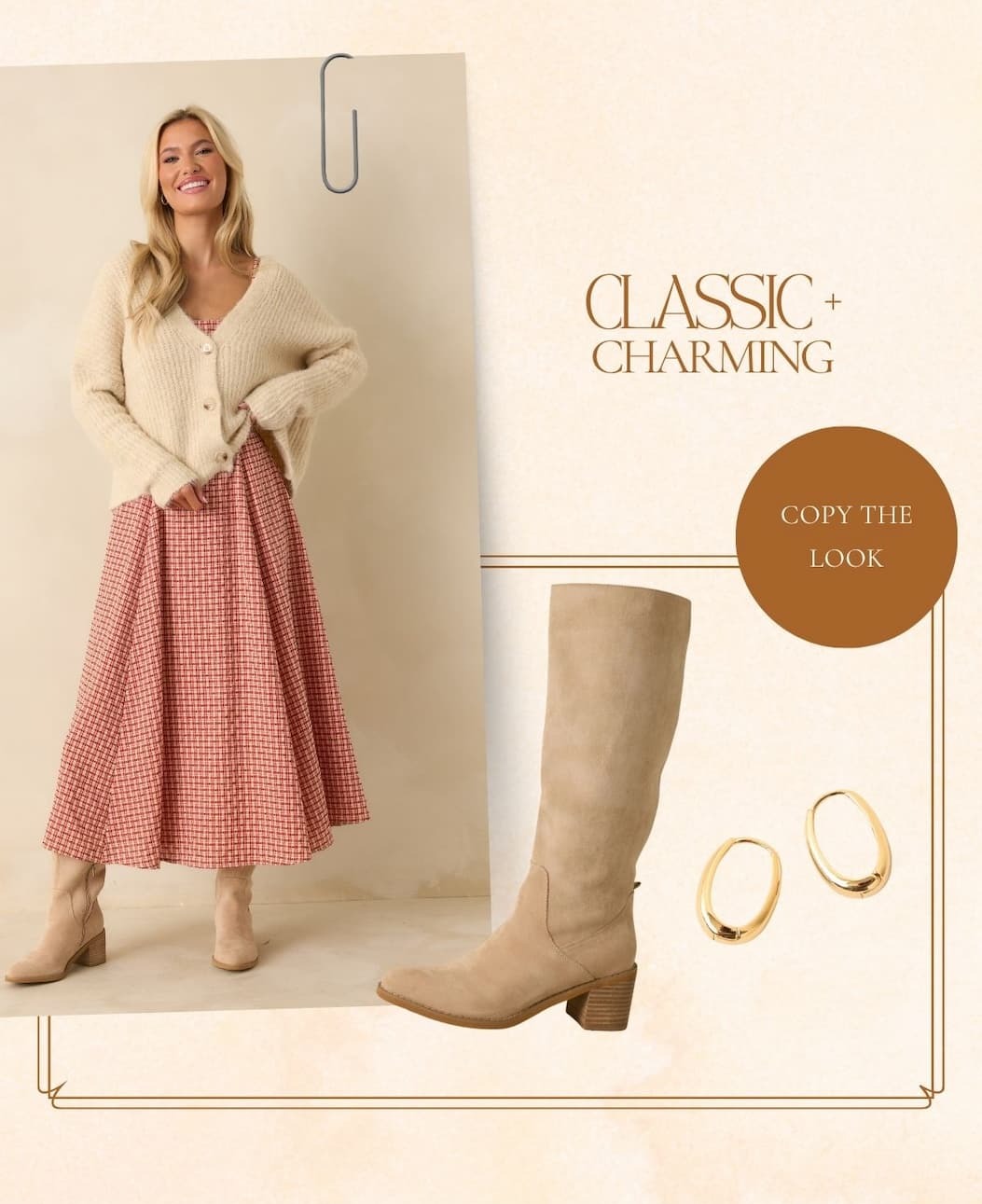 Image of model wearing a beige knit cardigan over a red gingham polka dot sleeveless maxi dress. Button: 'Copy the Look.' 