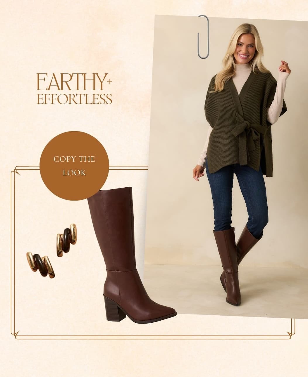 Image of model wearing an Olive Green Ribbed Knit Wrap Cardigan Sweater with a beige long sleeve under shirt, jeans, and brown boots. Button: 'Copy the Look.'