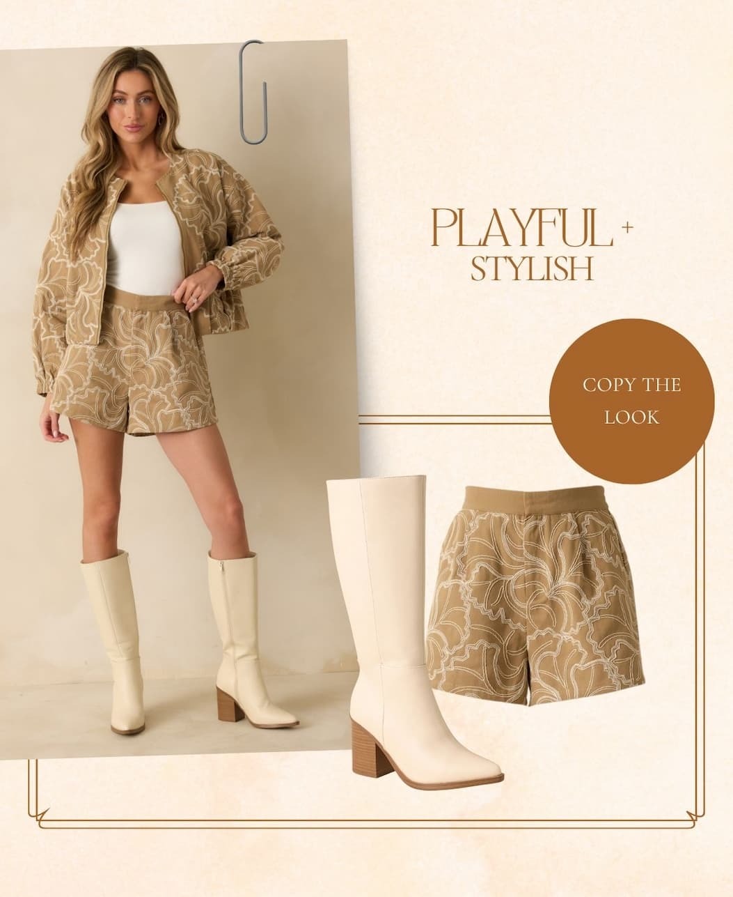 Image of model wearing a Tan Cotton Embroidered Zip up Jacket with matching shorts. Button: 'Copy the Look.'