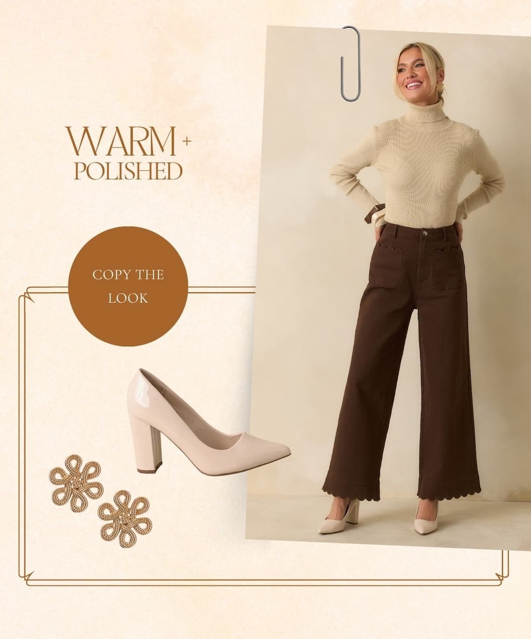 Image of model wearing a beige turtleneck sweater with brown pants and beige heels.