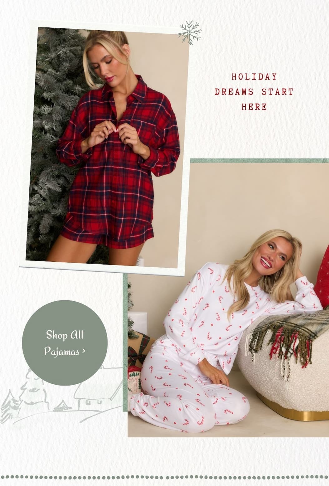 'Holiday Dreams Start Here.' Collage of model wearing different sets of pajamas. Button: 'Shop All Pajamas.'
