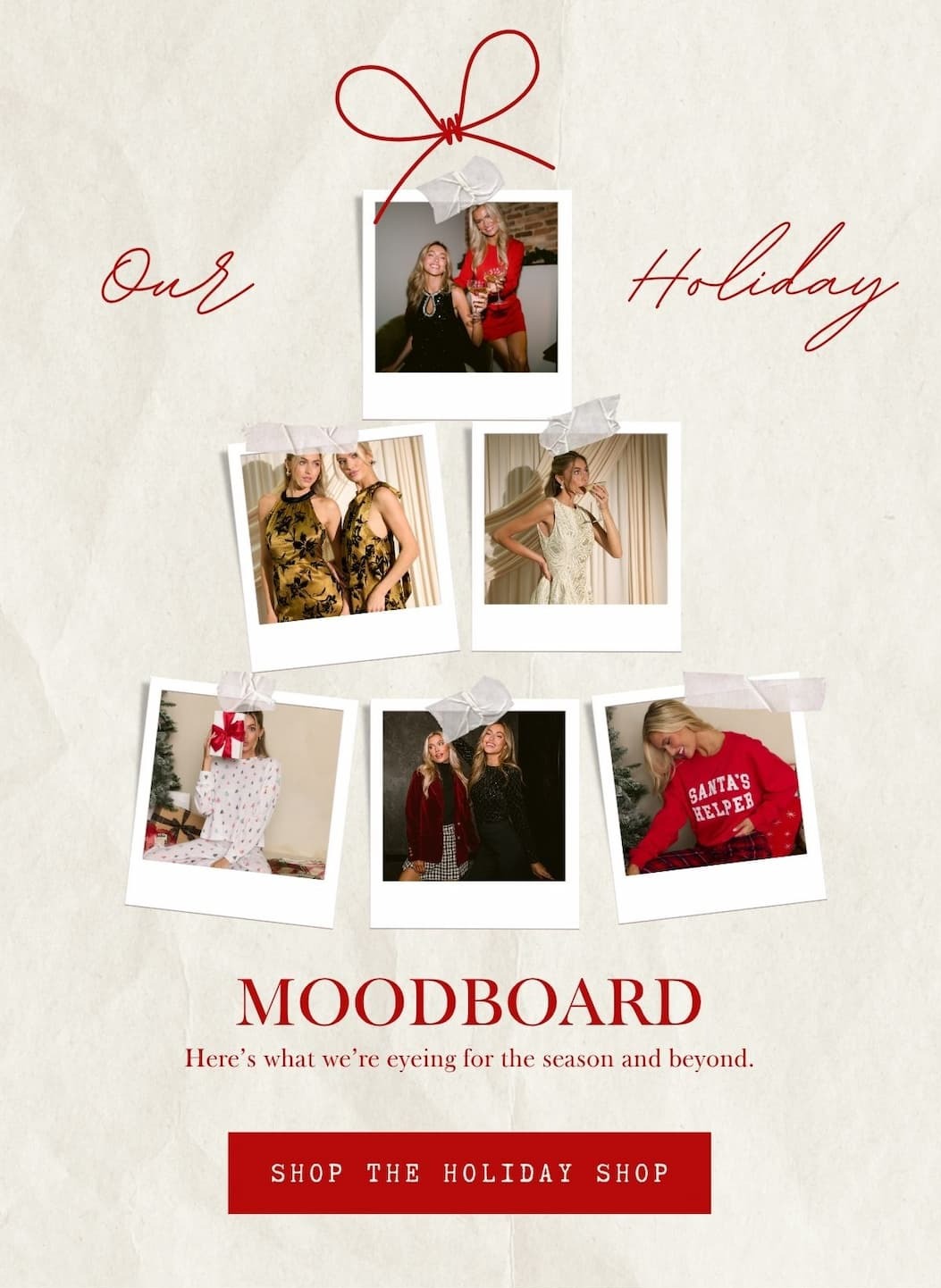 'Our holiday moodboard.' Collage of models wearing different holiday styles. Button: 'Shop the Holiday Shop.' 