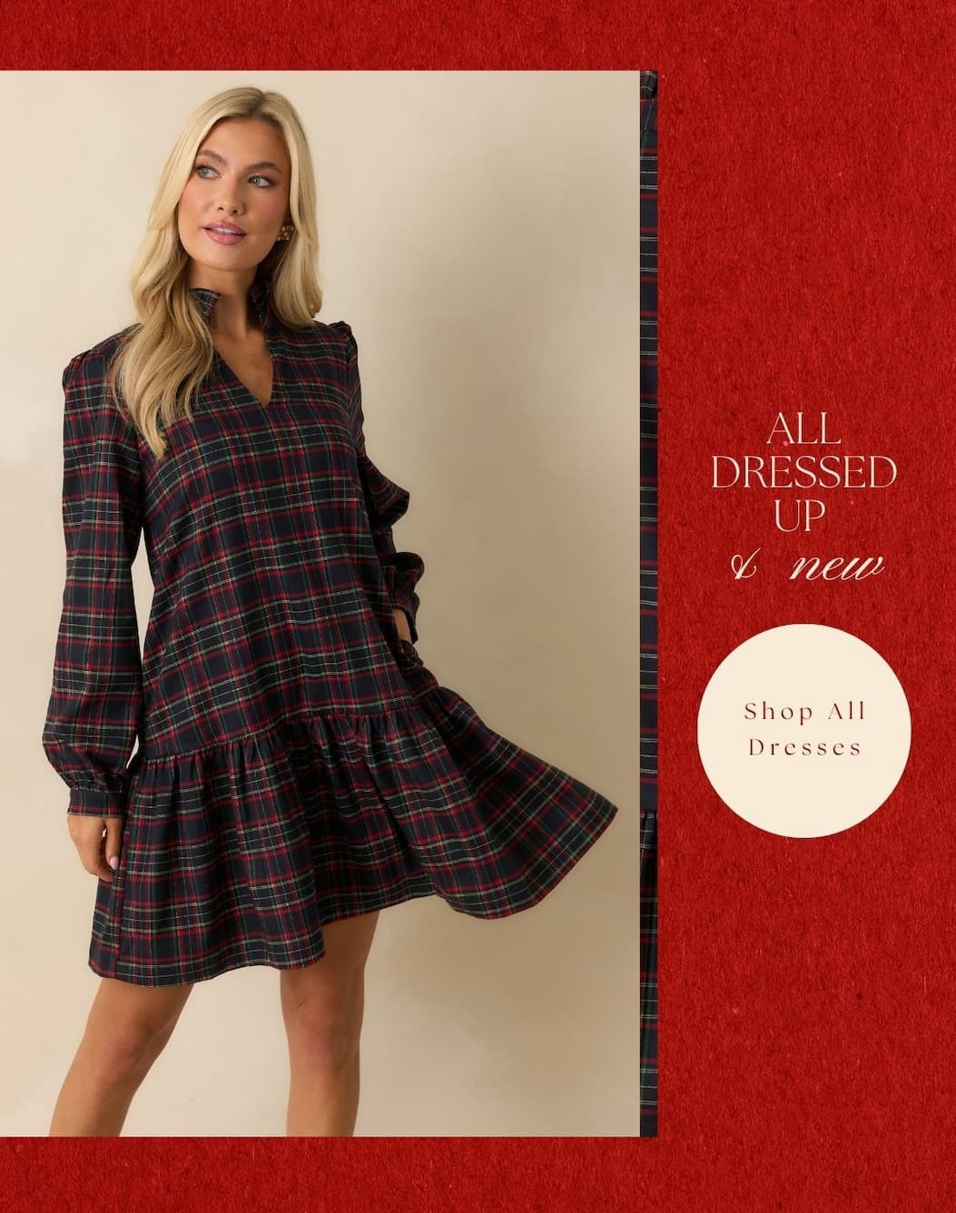 Image of model wearing Navy Multi Plaid Ruffled Mini Dress. 'All dressed up & new.' Button: 'Shop All Dresses.'