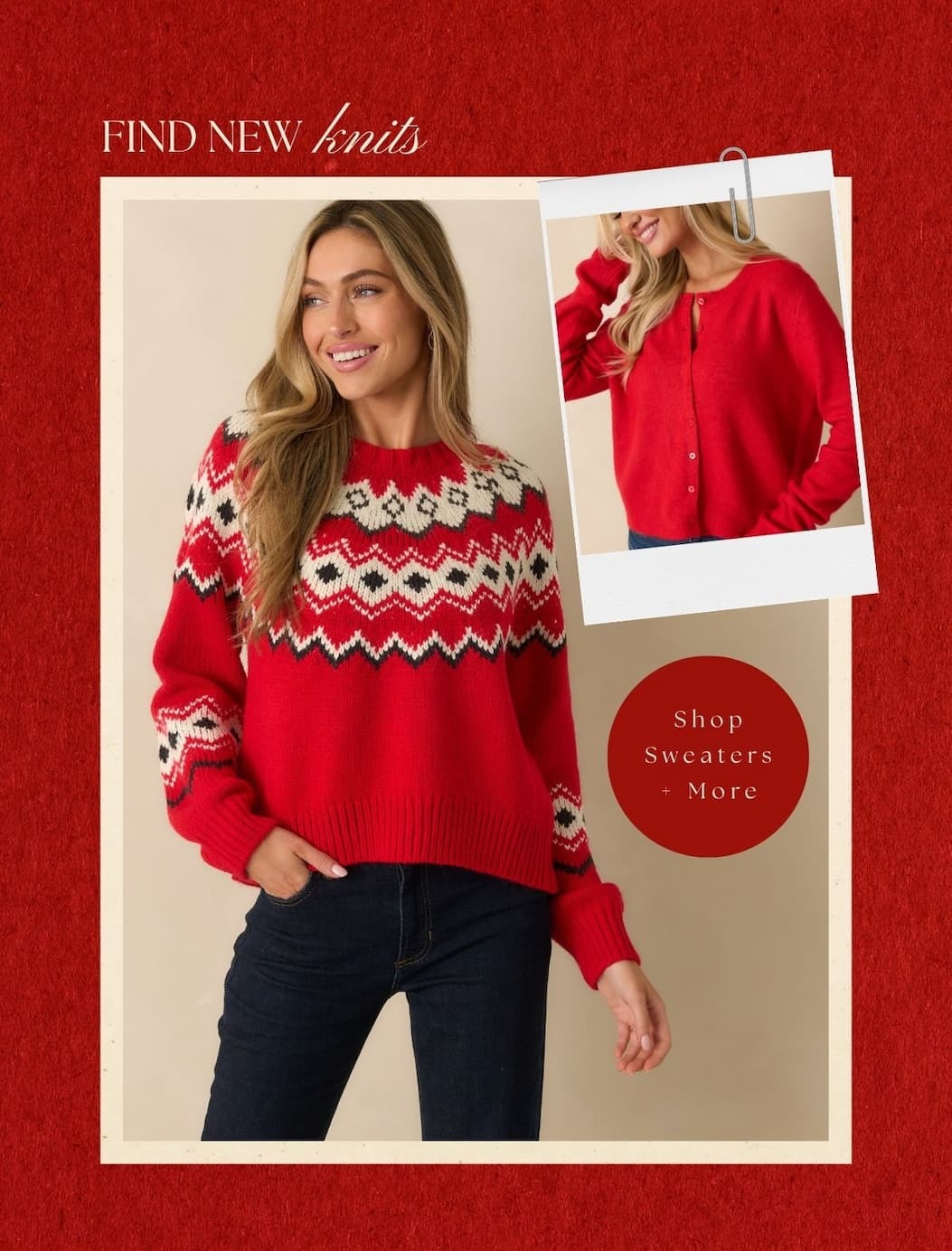 'Find new knits.' Collage of models wearing different red sweaters. Button: 'Shop Sweaters + More.'