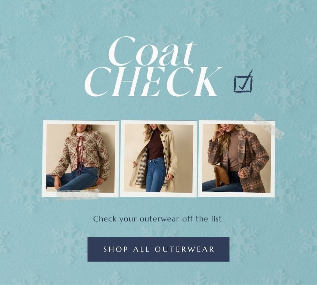 'Coat check. Check your outerwear off the list.' Button: 'Shop All Outerwear.'
