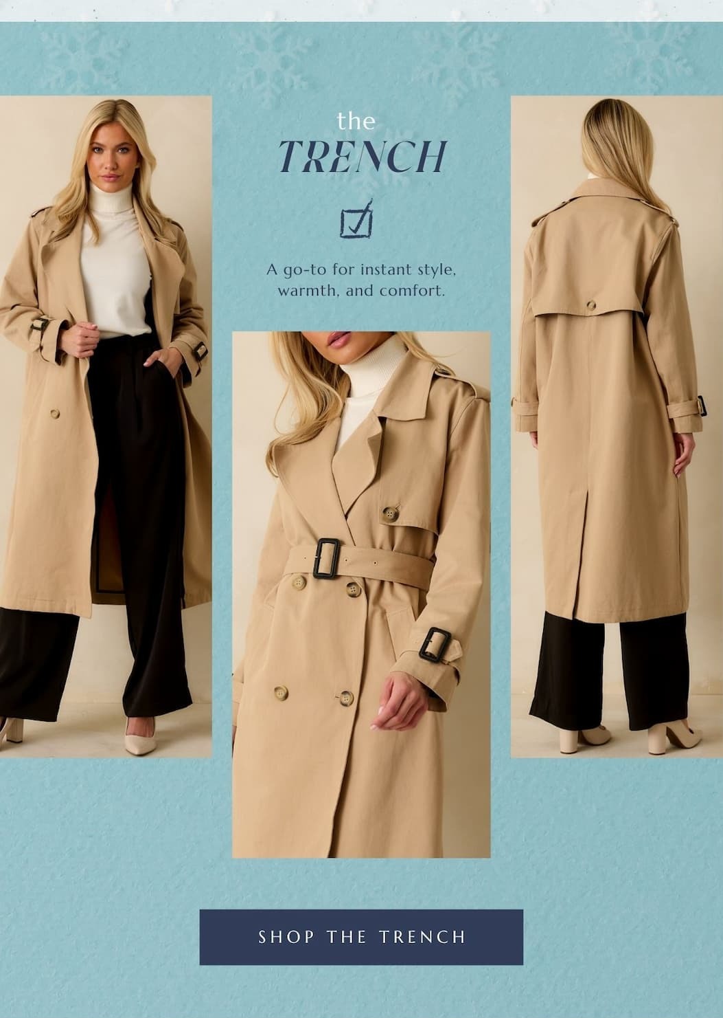 'The trench.' Button: 'Shop the Trench.' Image of model wearing a Tan Cotton Belted Trench Coat. 