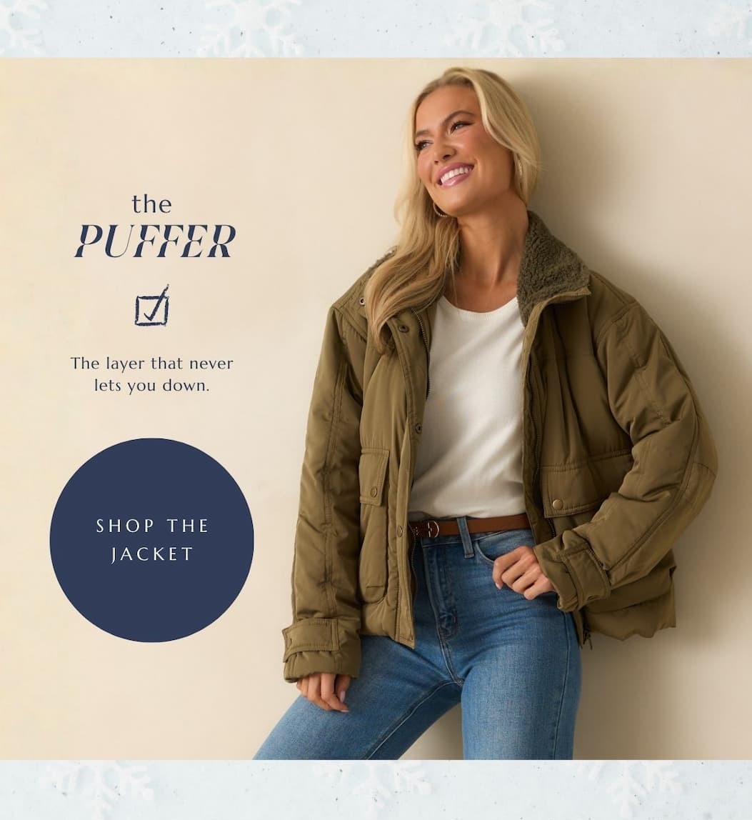 'The puffer.' Button: 'Shop the Jacket.' Image of model wearing a Thread & Supply Army Green Danya Jacket. 