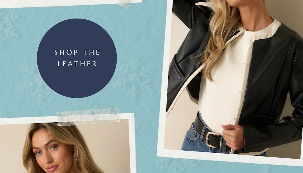 Image of model wearing Black Faux Leather Jacket. Button: 'Shop the Leather.'
