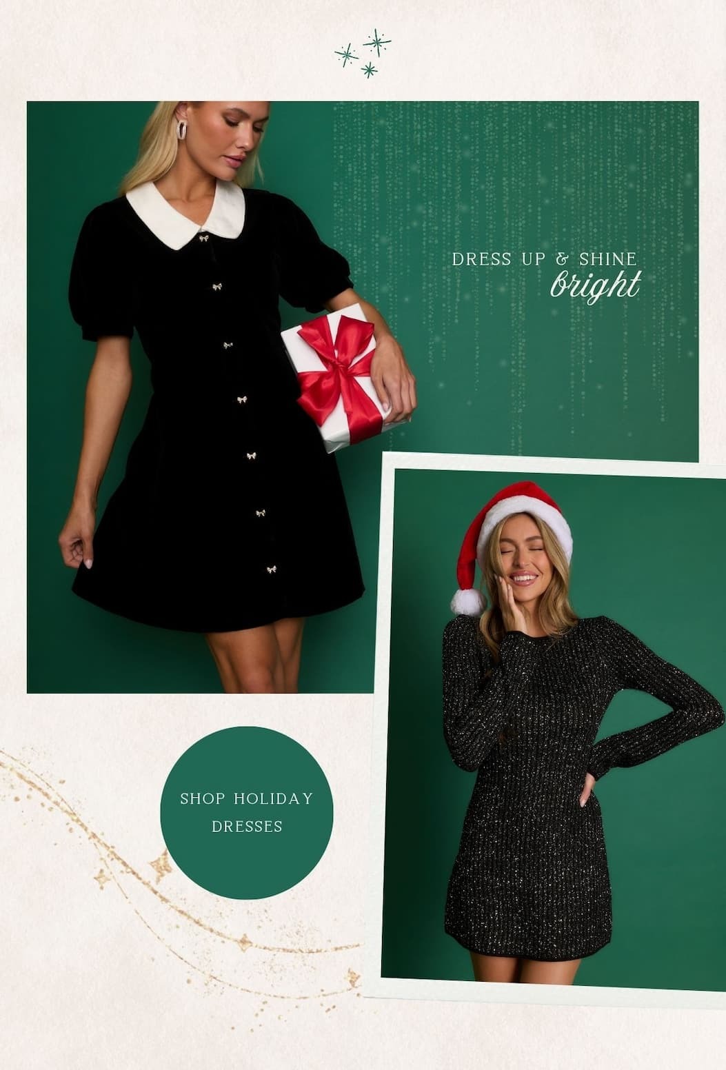 'Dress up & shine bright.' Collage of model wearing different holiday dresses. Button: 'Shop Holiday Dresses.'