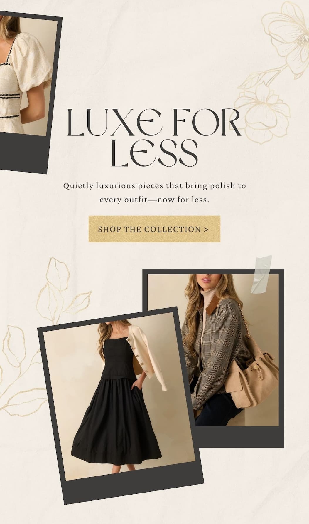 'Luxe For Less.' Collage of model wearing different quiet luxury styles. Button: 'Shop the Collection.'