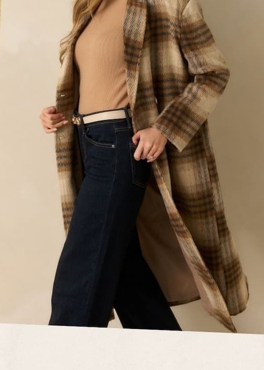 Image of model wearing a Brown Plaid Wool-Blend Overcoat.