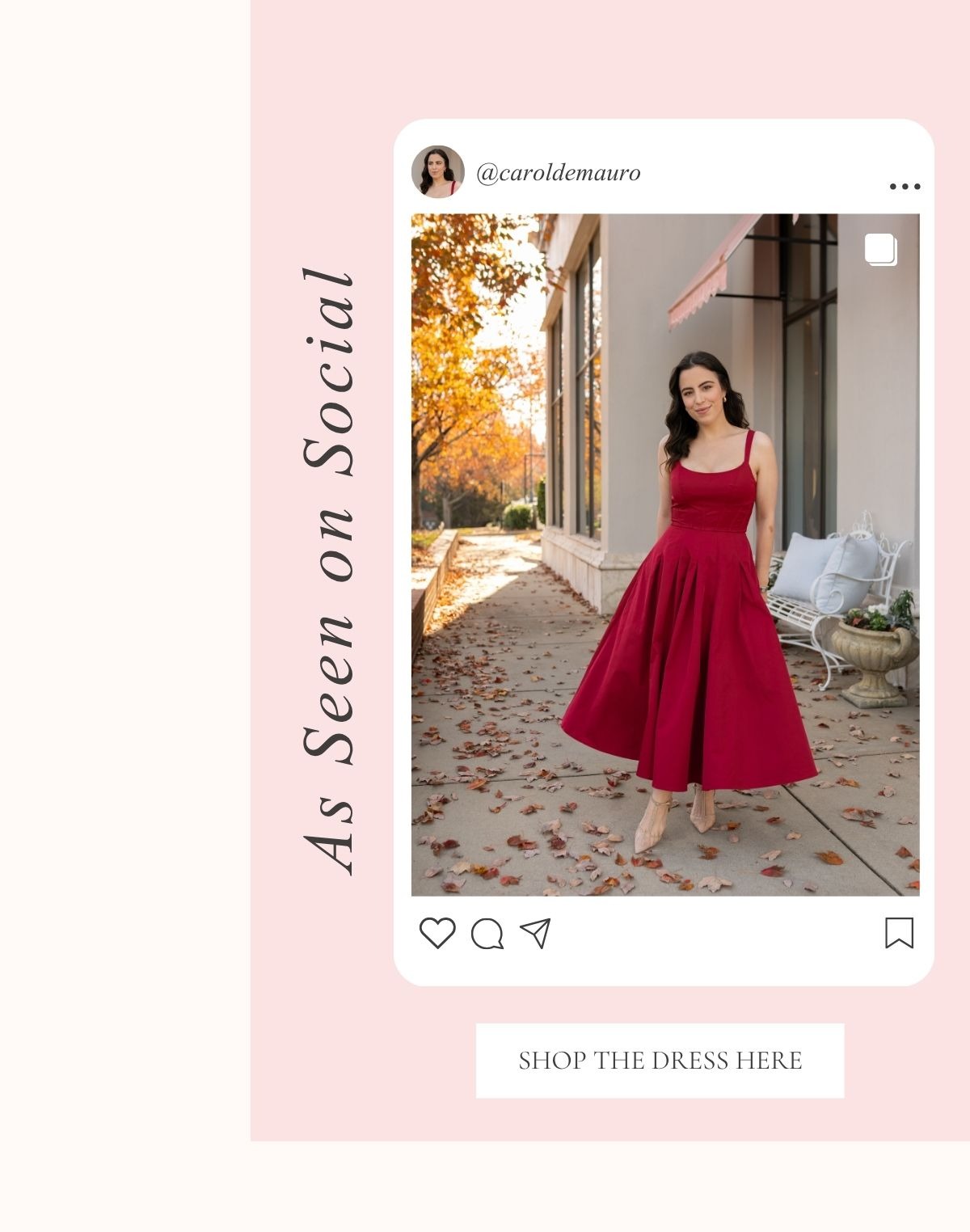 'As Seen on Social.' Image of model wearing a  Red Pleated Midi Dress. Button: 'Shop the Dress Here.'