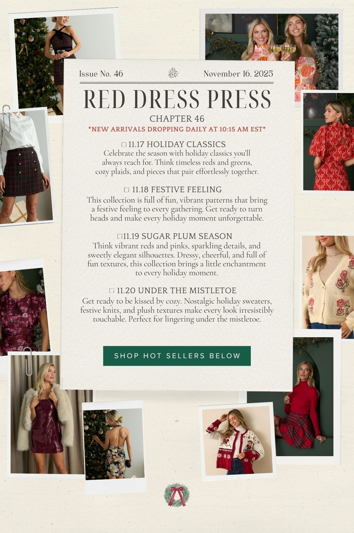 'Red Dress Press. Chapter 46.' Collage of models wearing different holiday styles. Button: 'Shop Hot Sellers Below.'