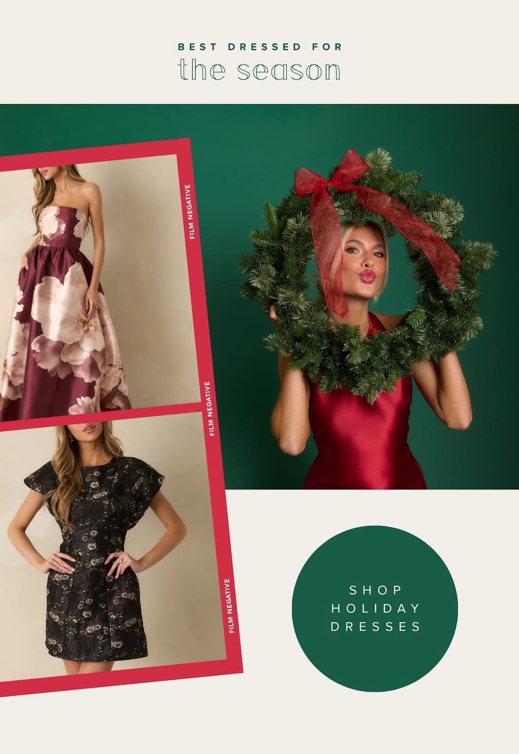 'Best dressed for the season.' Collage of models wearing different holiday event dresses. Button: 'Shop Holiday Dresses.'