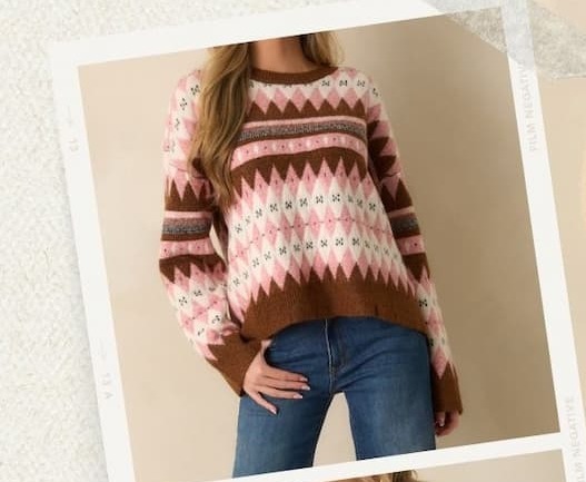 Image of model wearing a Pink Multi Argyle Fair Isle Knit Crewneck Sweater.