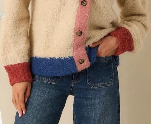 Image of model wearing a Ivory Multi Knit Color Block Cardigan.