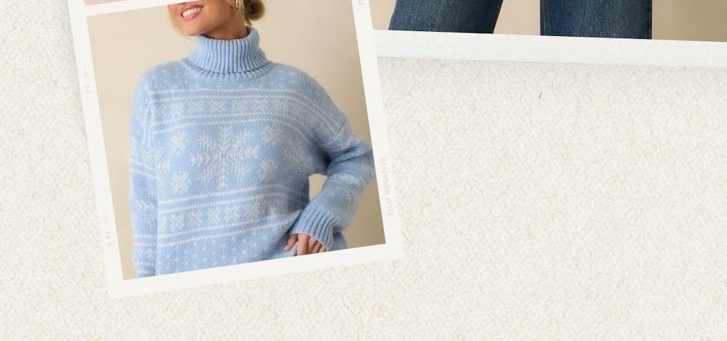Image of model wearing a Light Blue Snowflake Knit Turtleneck Sweater.