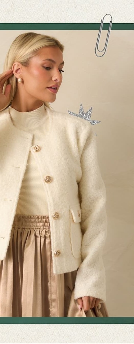 Image of model wearing Cream Bouclé Button Front Jacket.