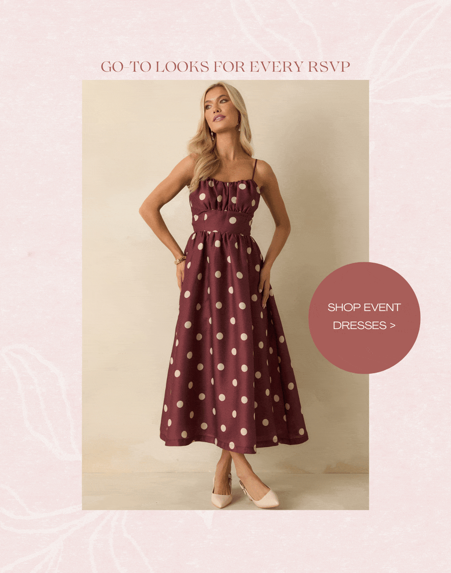 'Go to looks for every RSVP.' Slideshow of model wearing different event dresses. Button: 'Shop Event Dresses.'
