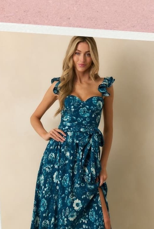 Image of model wearing a Dark Teal Multi Floral Print Bustier Maxi Dress.
