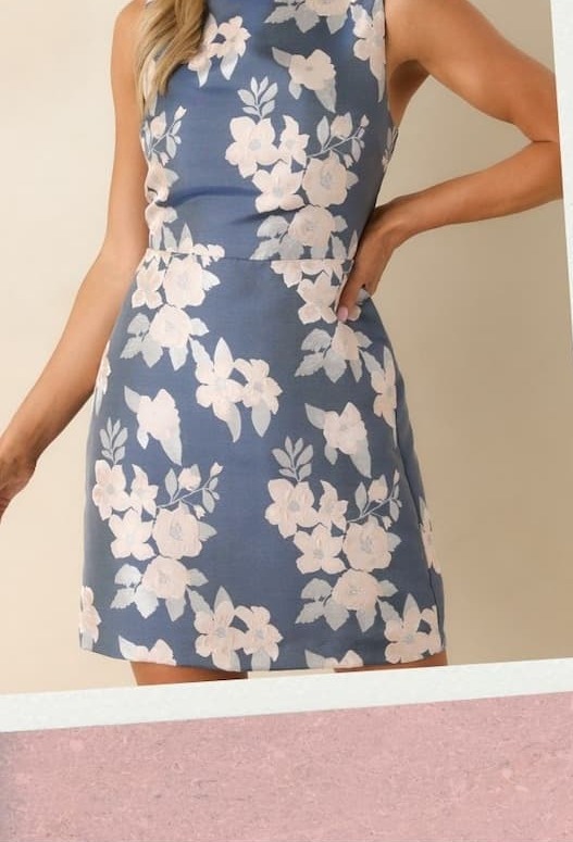 Image of model wearing a Ash Blue Floral Print Jacquard Mini Dress.