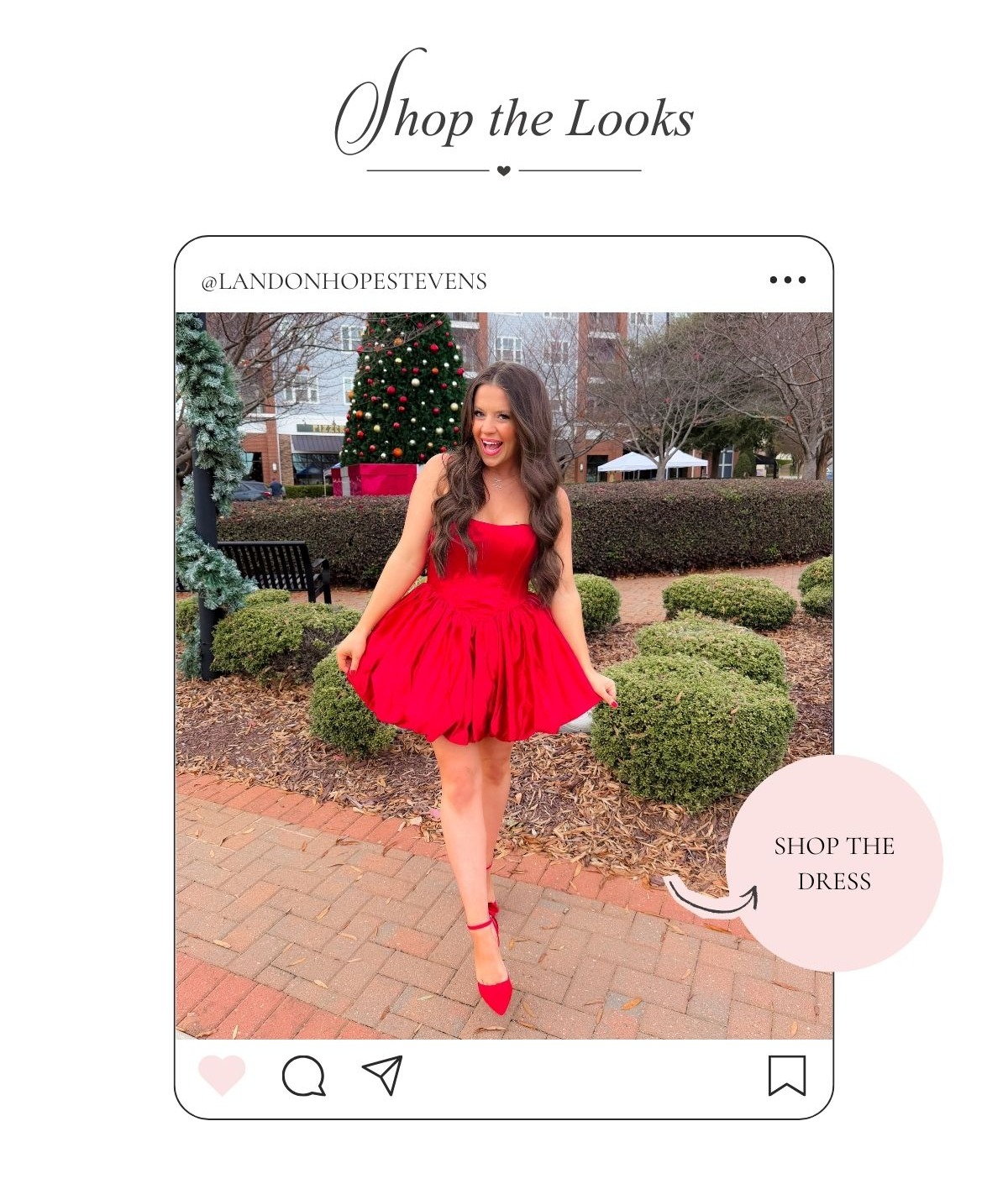 Image of model wearing a red bubble skirt mini dress. Button: 'Shop the Dress.'