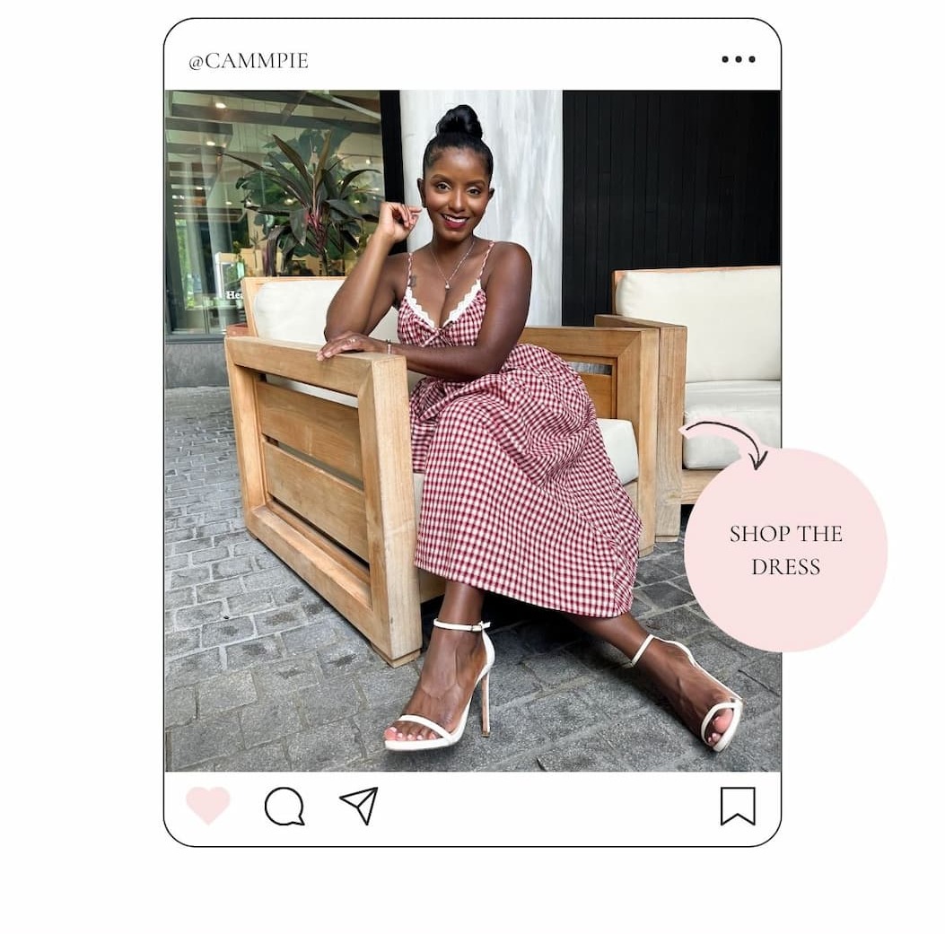 Image of model wearing a Red Gingham Sleeveless Midi Dress. Button: 'Shop the Dress.'