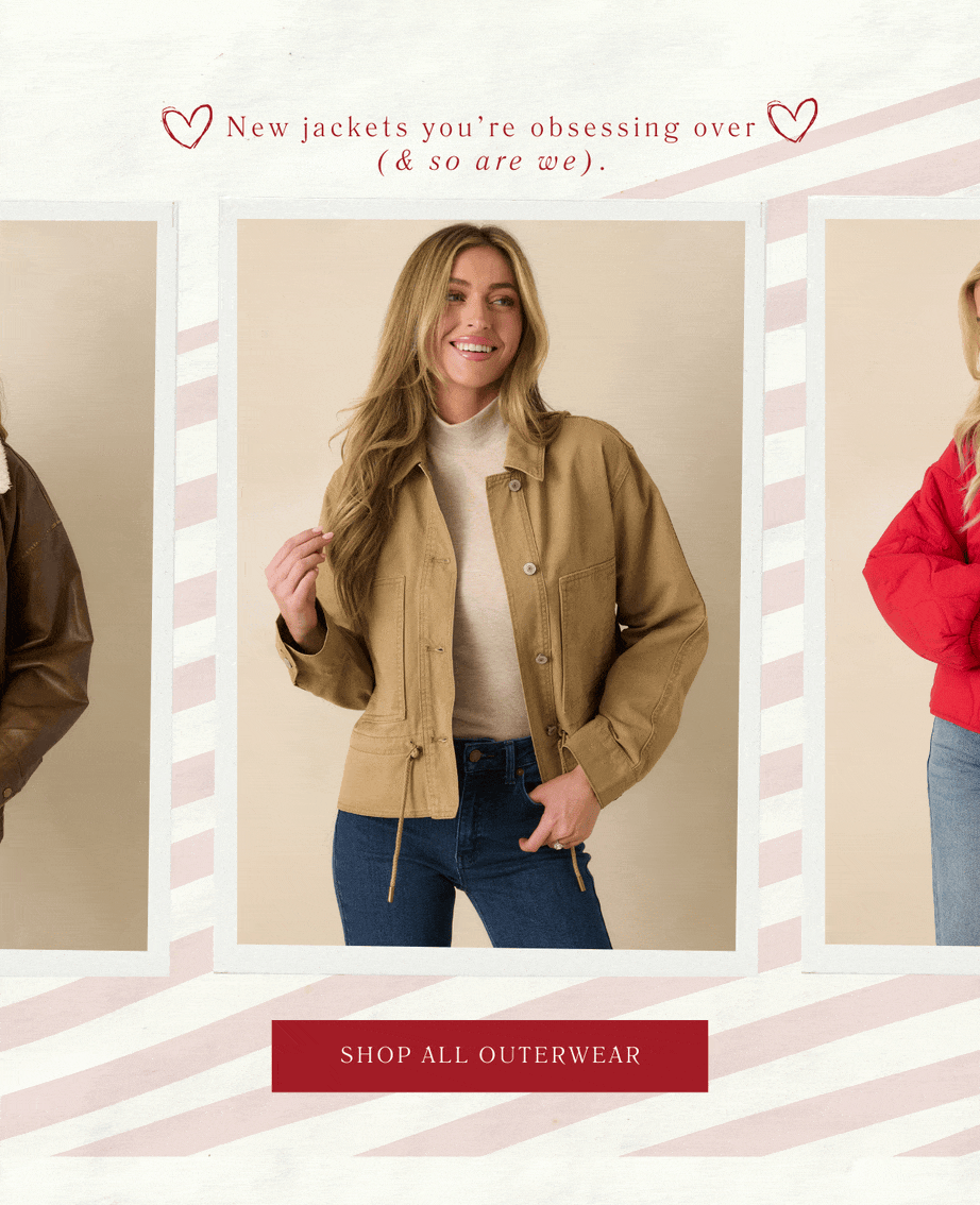 'New jackets you're obsessing over.(& so are we).' Slideshow of models wearing different jackets. Button: 'Shop All Outerwear.'