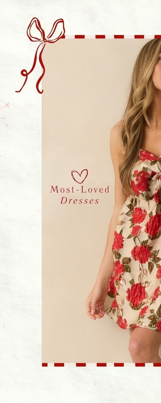 'Most-loved dresses.' Image of model wearing a Champagne Multi Floral Jacquard Mini Dress. 