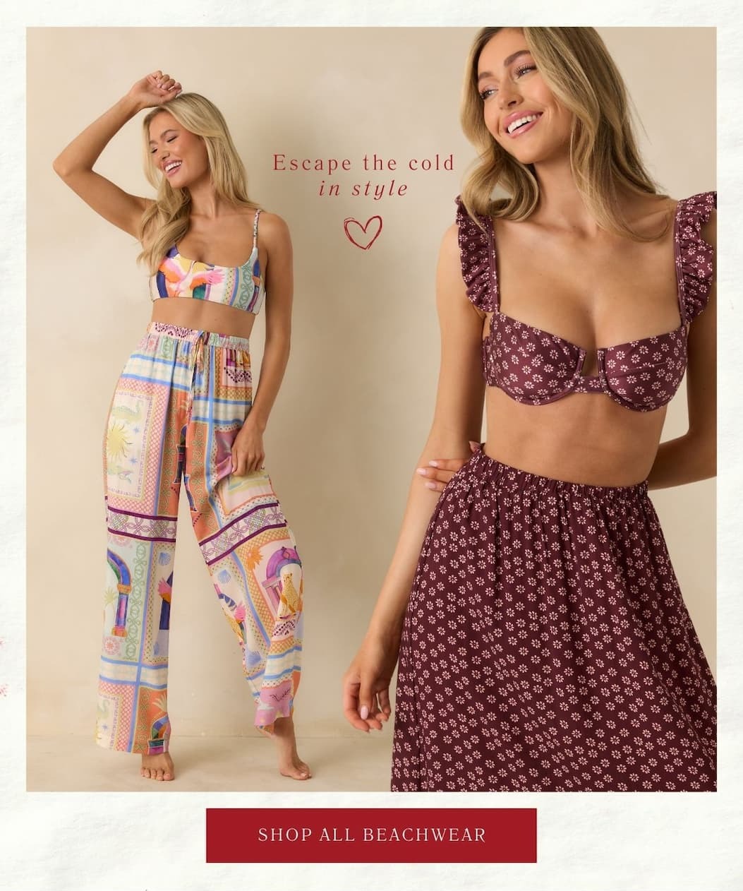 'Escape the cold in style.' Models wearing different beachwear. Button: 'Shop All Beachwear.'