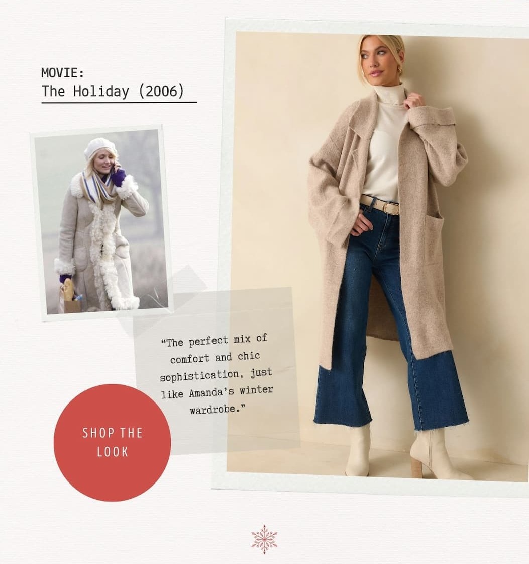 'The Holiday (2006' Image of model wearing a Oatmeal Knit Longline Cardigan, white turtleneck, jeans and boots. Button: 'Shop the Look.' 