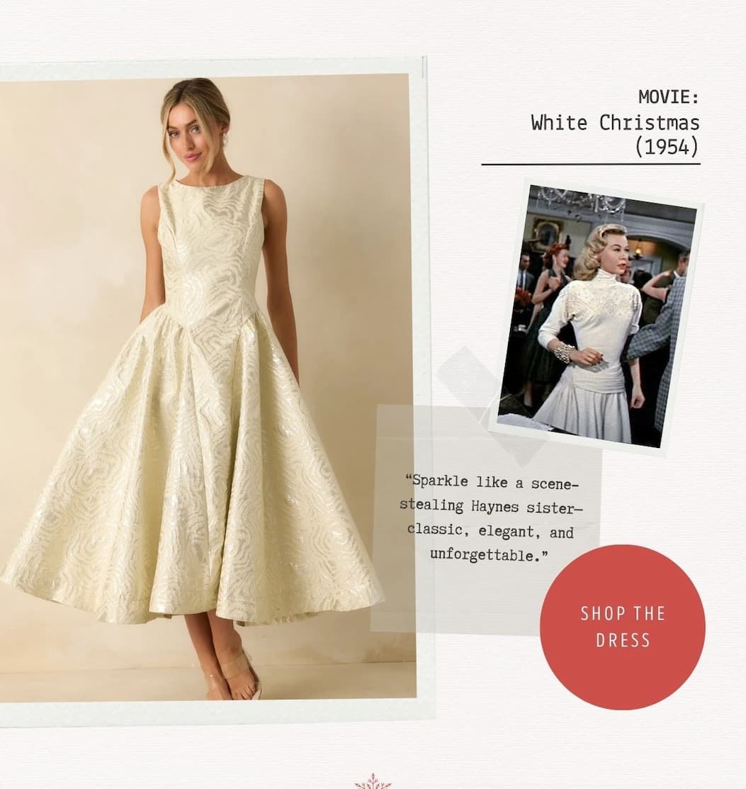 Image of model wearing an Ivory Metallic Jacquard Sleeveless Maxi Dress. 'White Christmas (1954)' Button: 'Shop the Dress.'