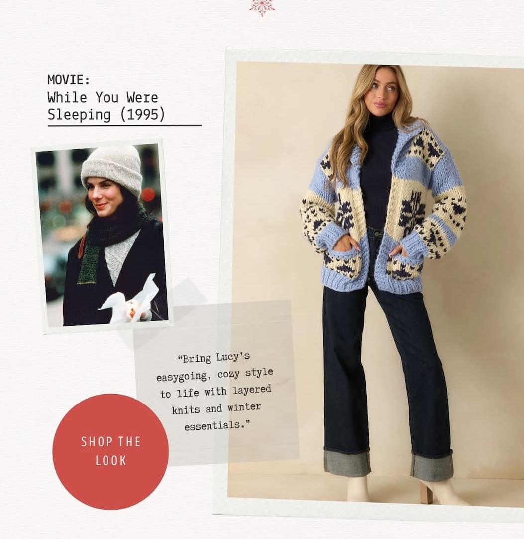 'While You Were Sleeping (1995)' Image of model wearing Blue Multi Chunky Knit Cardigan, turtleneck sweater, jeans and boots. Button: 'Shop the Look.' 