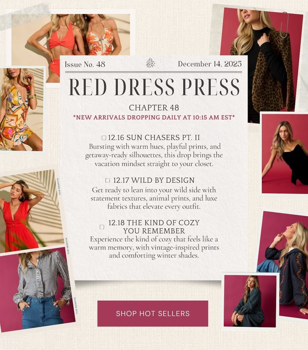 'Red Dress Press. Chapter 48.' Collage of models wearing new styles from resort to winter. Button: 'Shop Hot Sellers.'