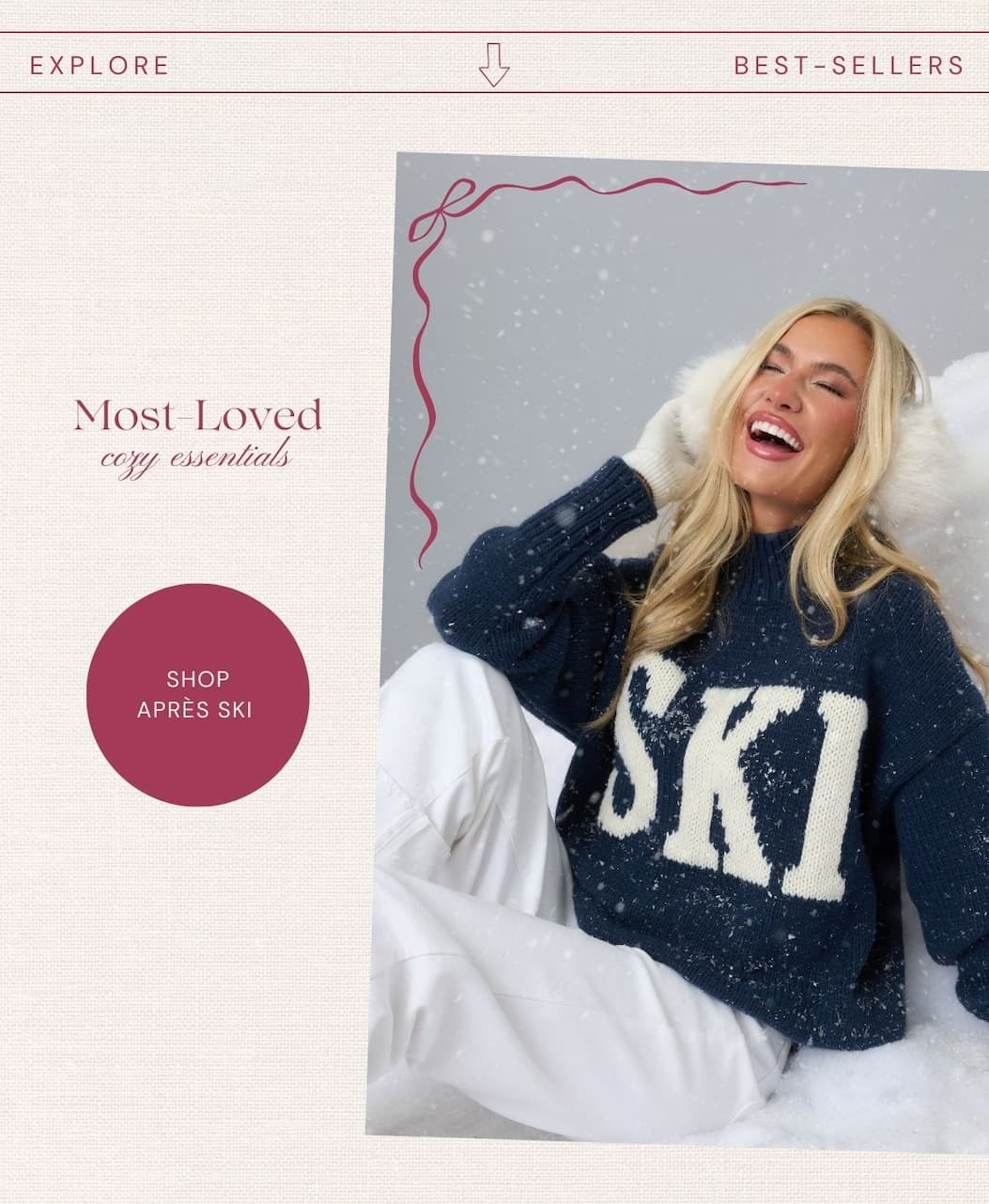 'Most-Loved Cozy Essentials.' Button: 'Shop Apres Ski.' Image of model wearing a Navy Blue Knit Turtleneck Ski Sweater.