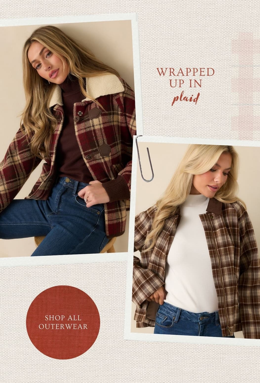Collage of models wearing plaid jackets. 'Wrapped up in plaid.' Button: 'Shop All Outerwear.'