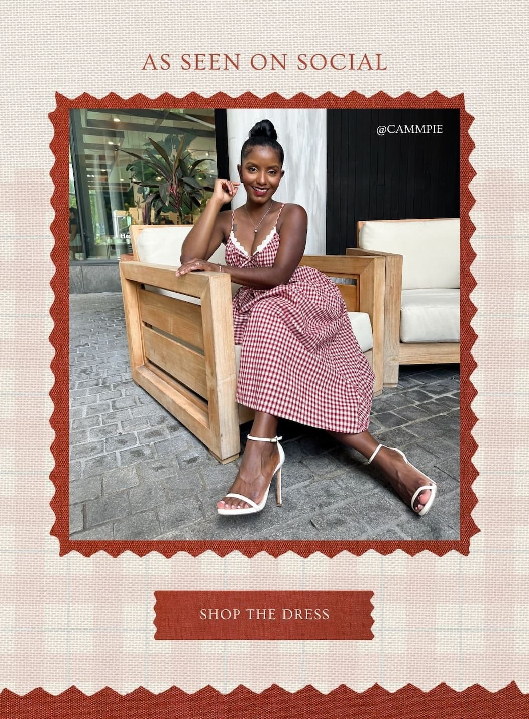 'As Seen on Social.' Image of model wearing a Red Gingham Sleeveless Midi Dress. Button: 'Shop the Dress.'