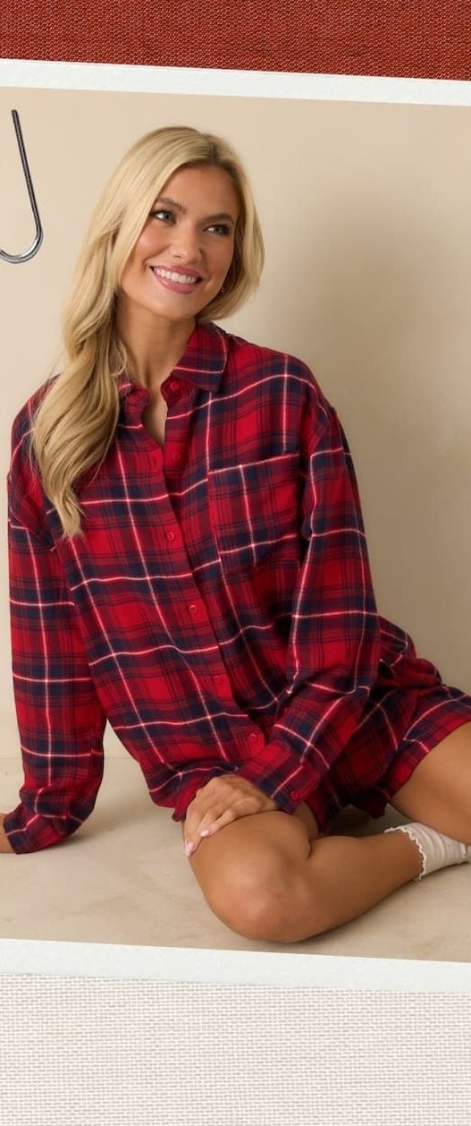 Image of model wearing a Red Plaid Button Up Flannel Top with matching shorts.