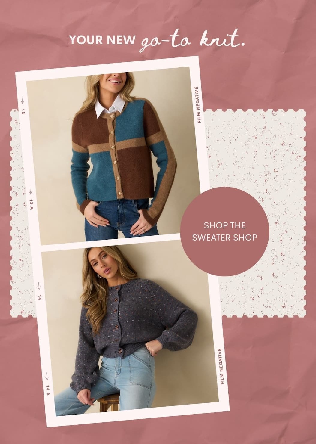 'Your new go-to knit.' Collage of model wearing different cardigans. Button: 'Shop the Sweater Shop.'