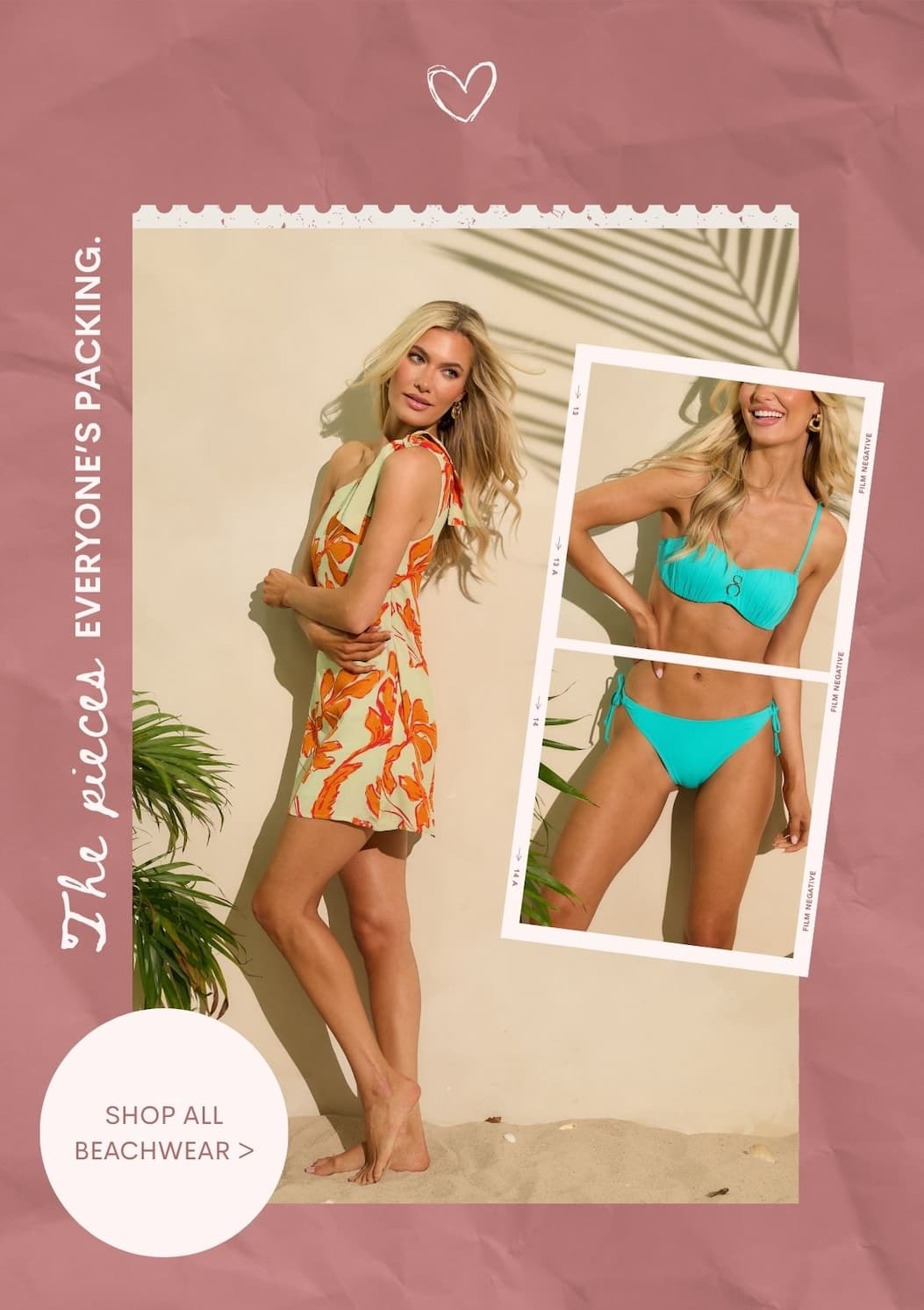 'The pieces everyone's packing.' Collage of model wearing different beach styles. Button: 'Shop All Beachwear.'