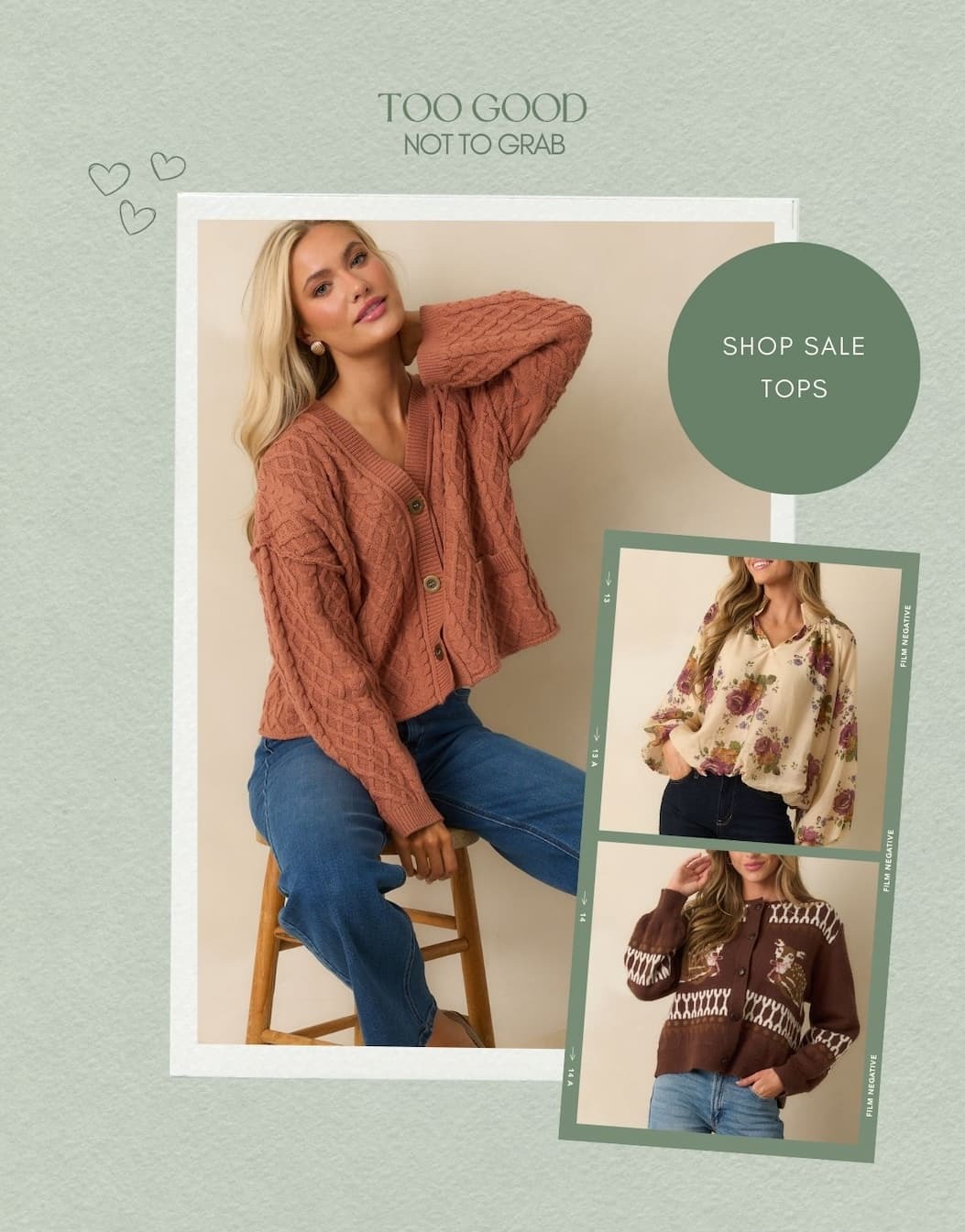 'Too good not to grab.' Collage of models wearing different tops. Button: 'Shop Sale Tops.'