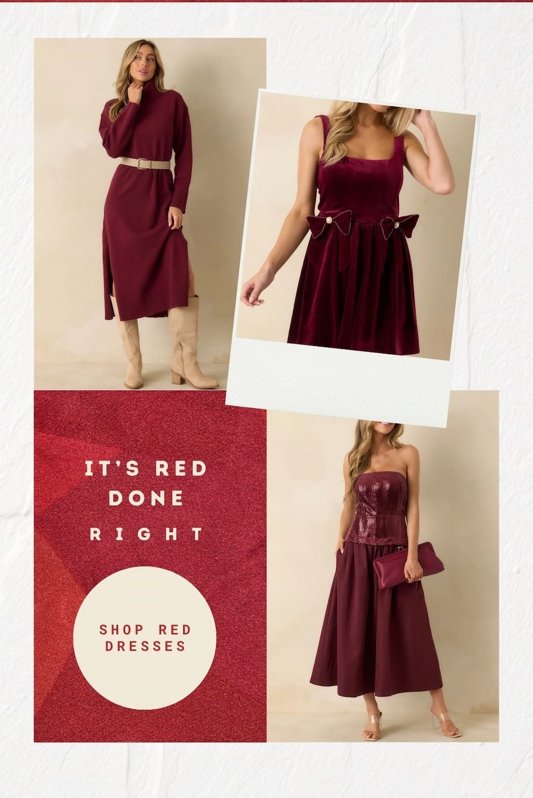 'It's red done right.' Collage of models wearing red dresses. Button: 'Shop Red Dresses.'